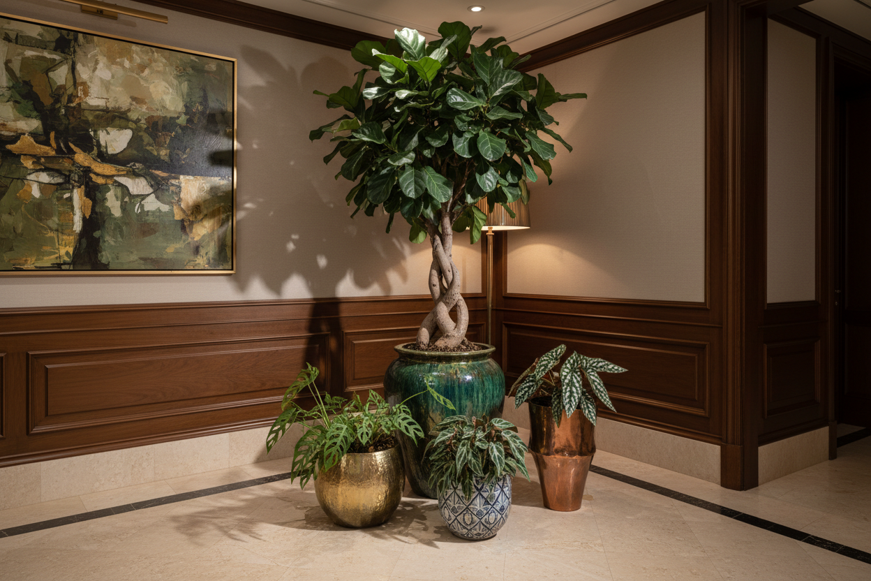 angolo eccelso di design con piante e albero rari in vasi di design ornamentali